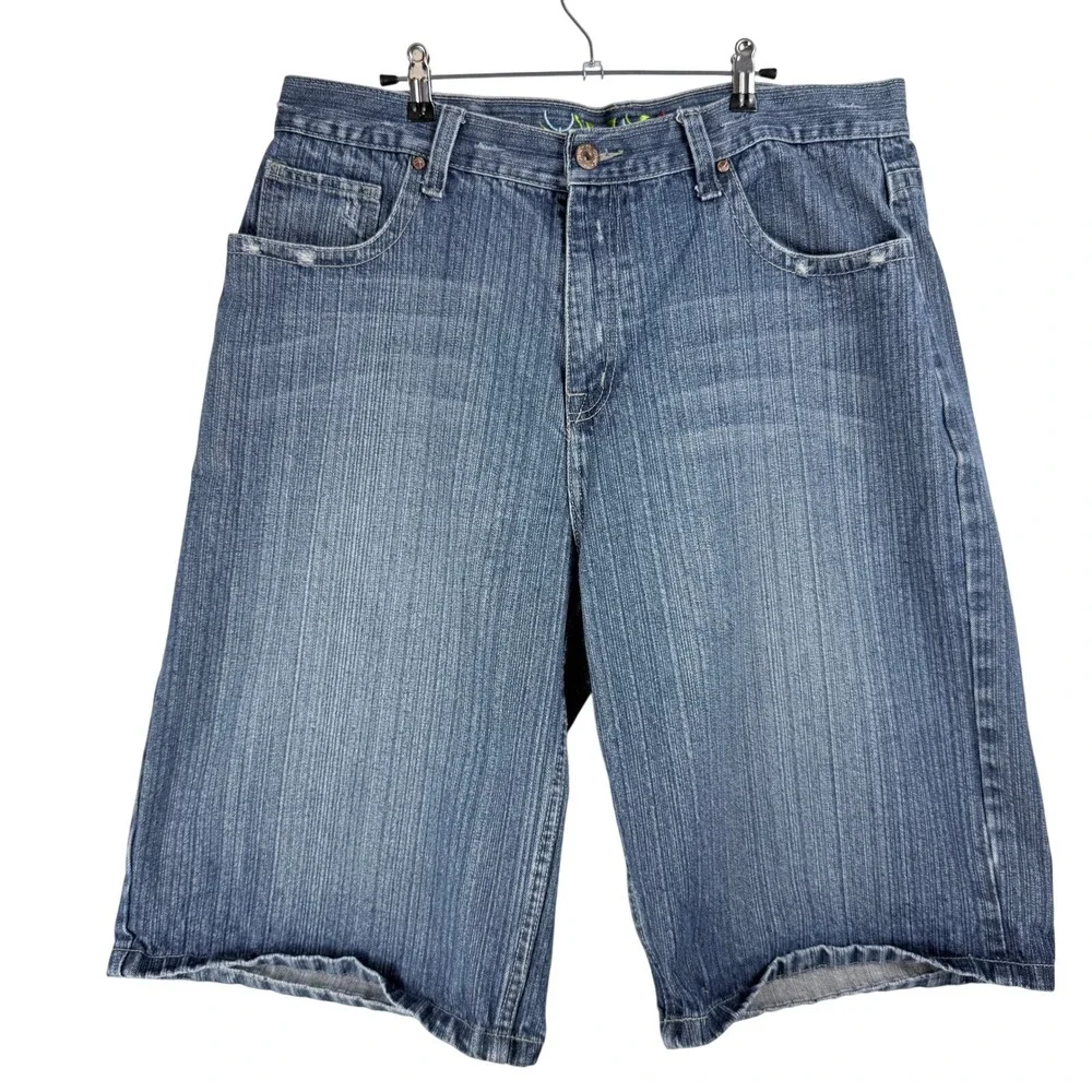 Vintage Y2K Baggy‎ Denim Shorts Blue Embroidered Jorts Mens W40 L15 RN118005